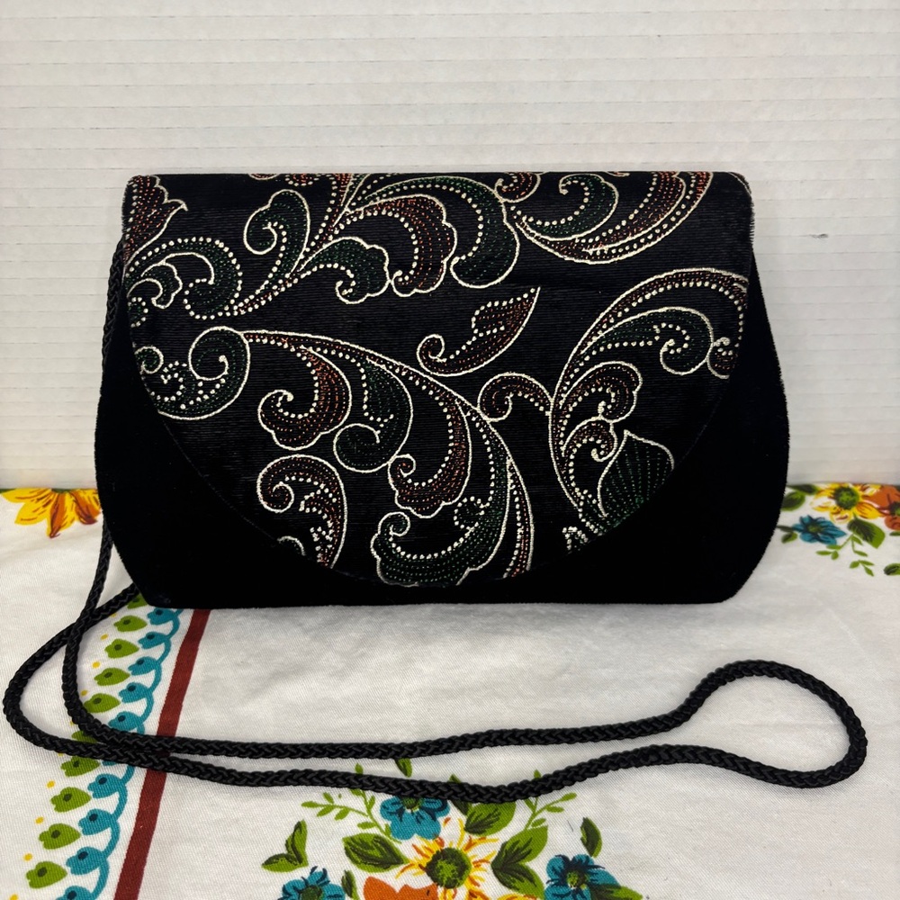 Carolyne Barton Black Velvet Flap Wristlet Clutch Painted Detail Party Purse